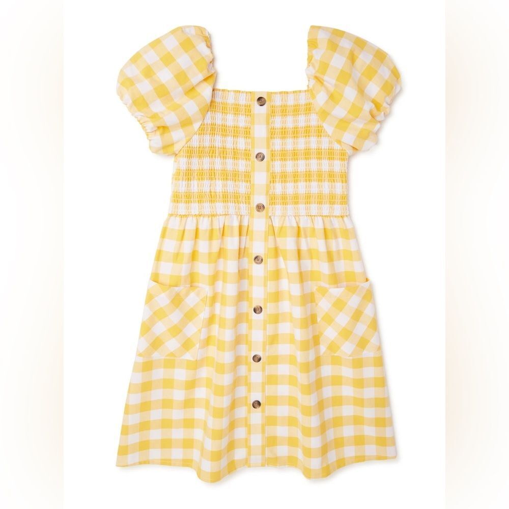 Wonder Nation yellow white gingham plaid puff sleeve summer dress smocked XL 14